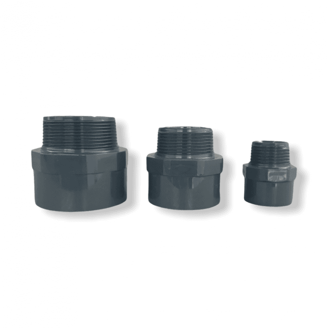 Male Threaded Plain Sockets Nipple PVC pressure pipe connectors in various sizes.