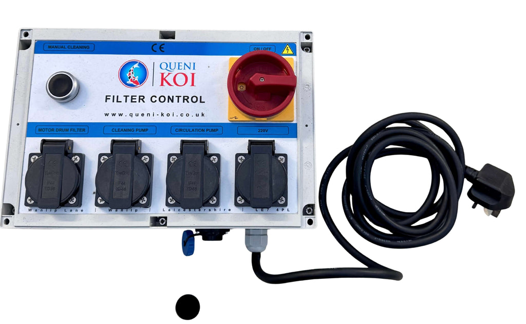 Control Boxes Drum and Combi Units - Queni Koi Filter Control with multiple sockets and power connection.