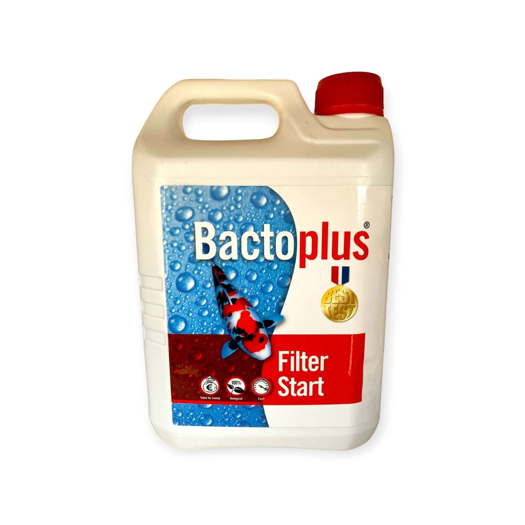 Bactoplus Filter Start 1 Litre pond filter solution with blue and red design and koi fish graphic.