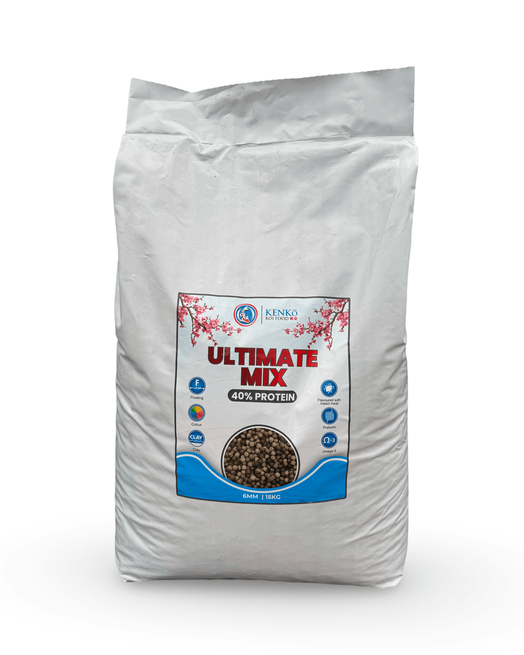 Kenko Ultimate Mix Premium Koi Food 3mm/6mm package with 40% protein for optimal koi growth and health.