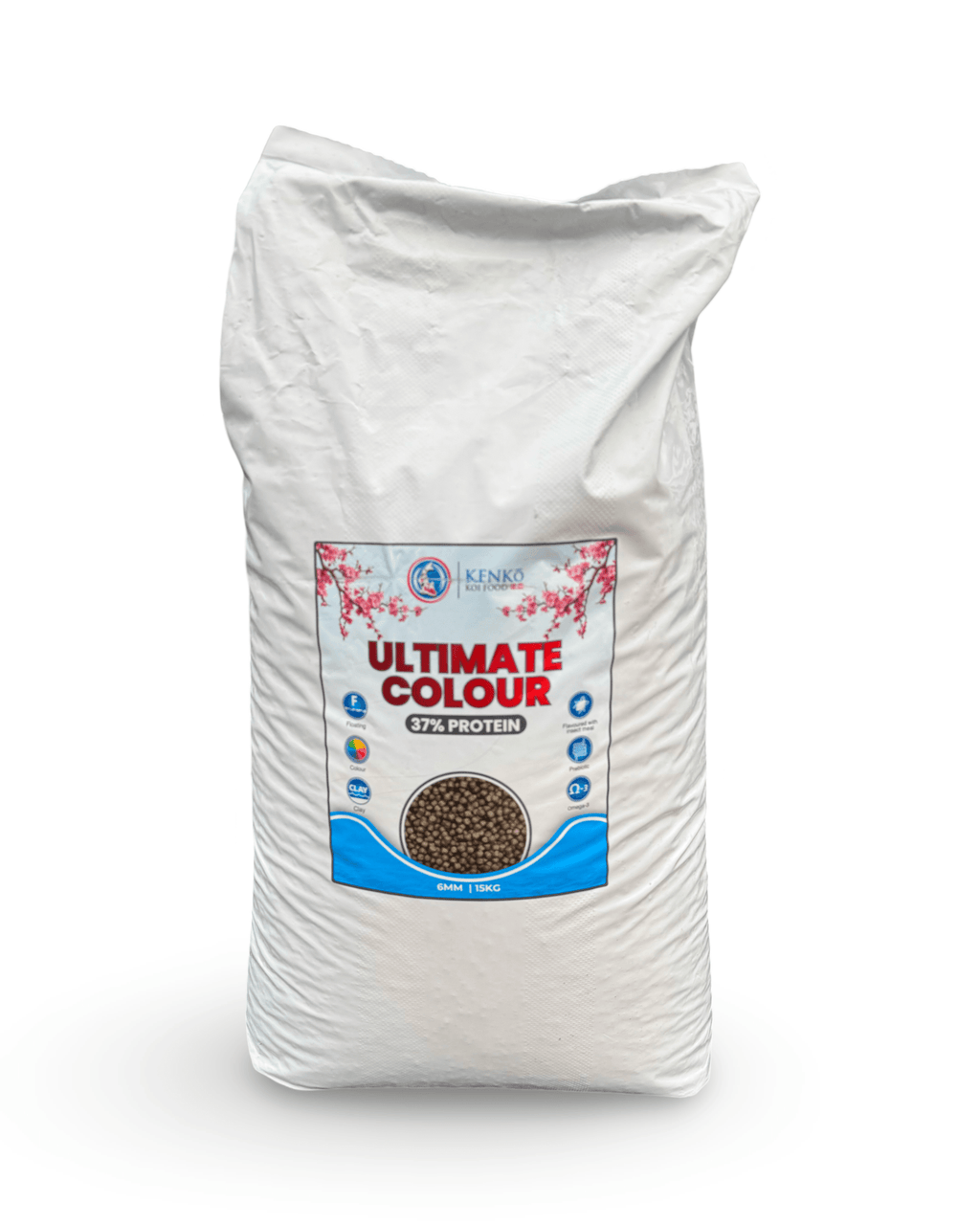 Kenko Ultimate Colour Premium Koi Food 1kg bag with 37% protein for vibrant koi colors.