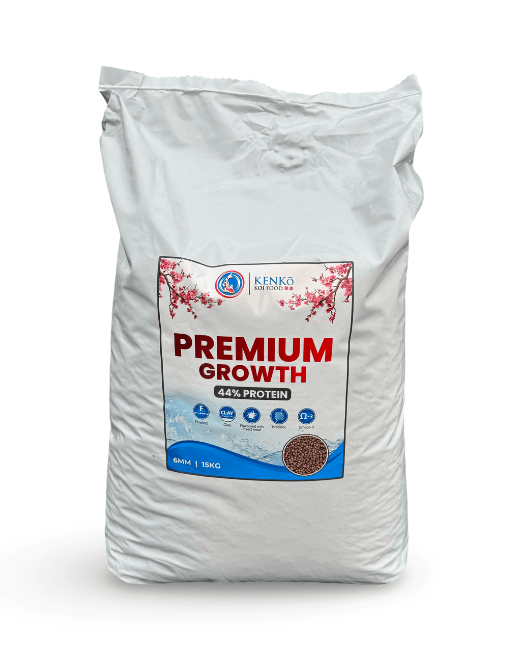 Kenko Premium Growth Koi Food 15kg bag with 44% protein for rapid and healthy fish growth.