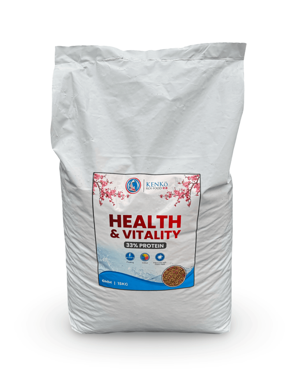 Kenko Health & Vitality Koi Food 15kg bag with 33% protein for koi growth and color enhancement.
