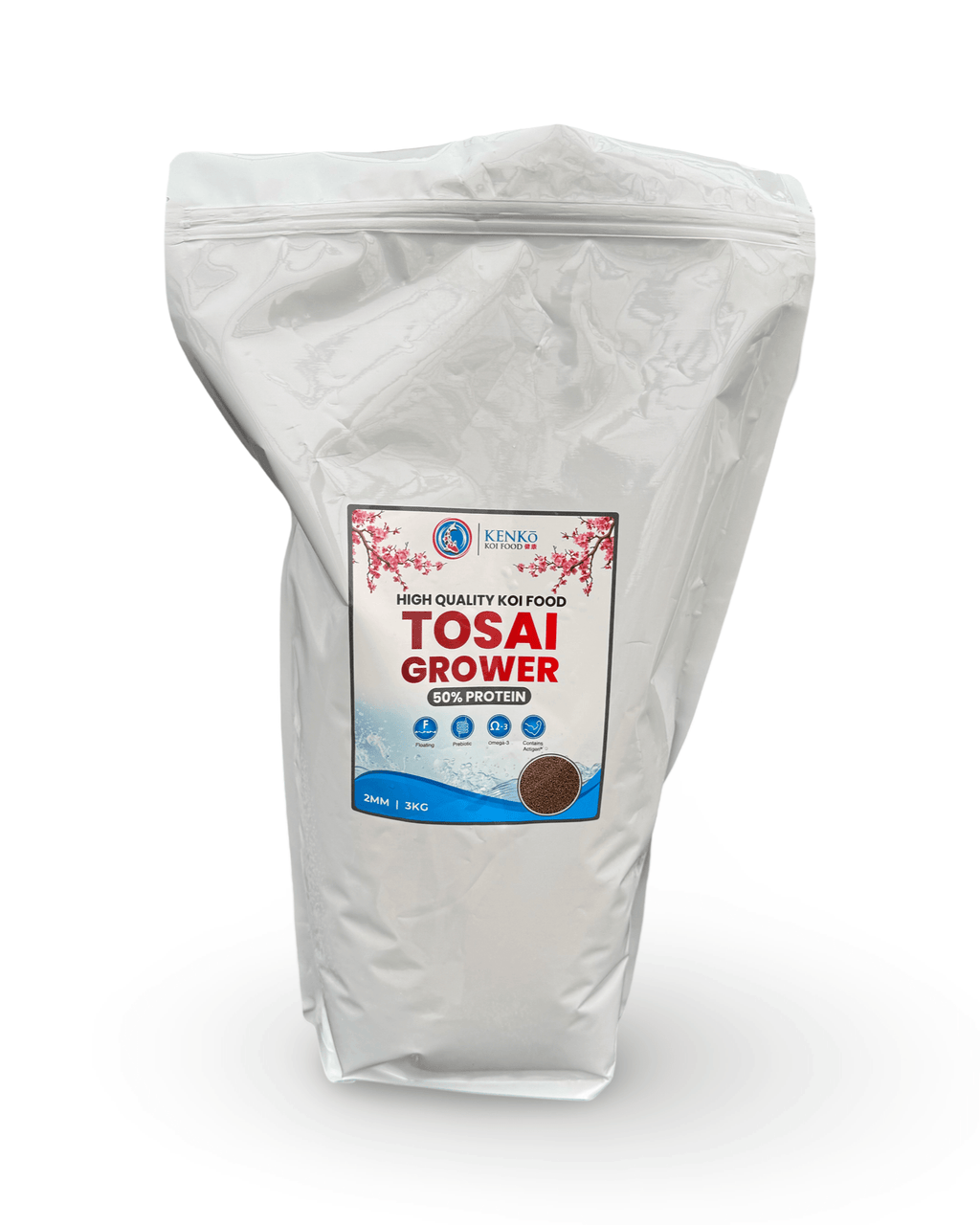 Kenko Tosai Grower Premium Koi Food 2mm pellets in a 2kg packaging for optimal Tosai growth.