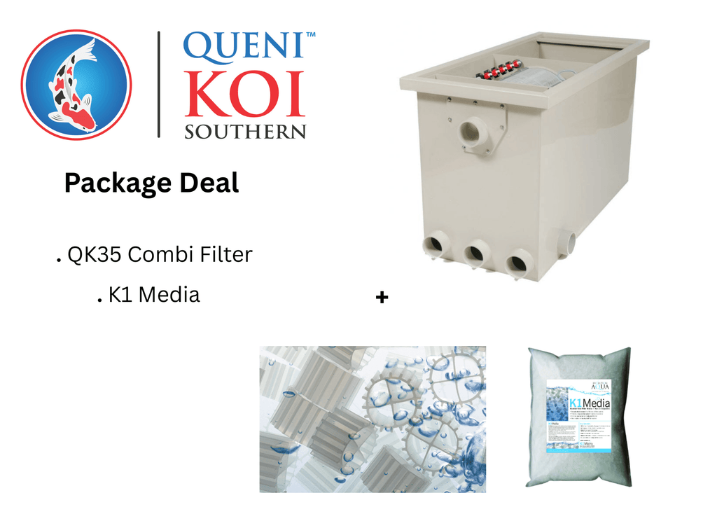Package deal featuring QK35 Combi Filter and K1 Media for koi pond filtration.