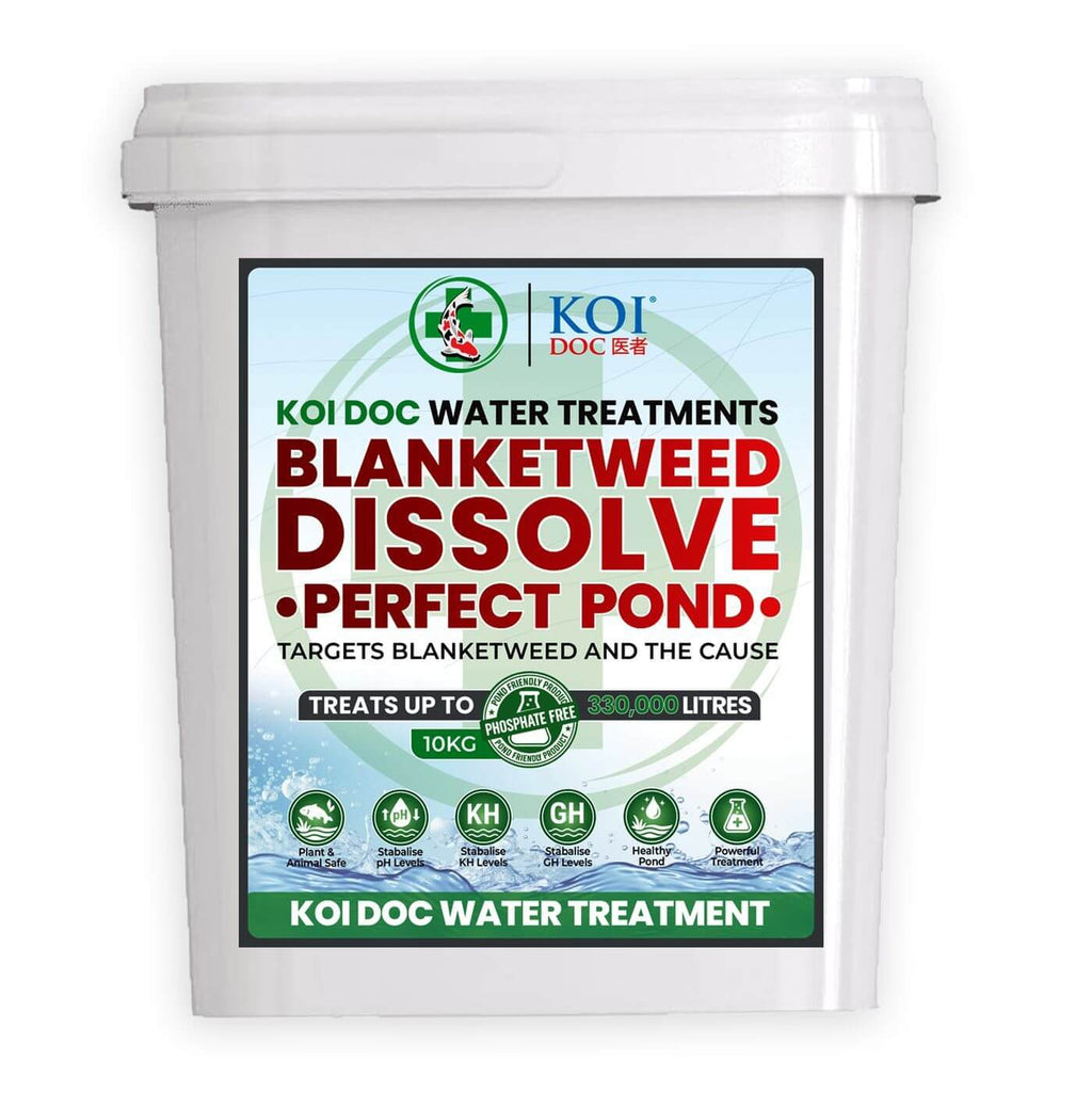 Koi Doc blanketweed pond treatment Dissolve Perfect Pond Water Treatment bucket for effective pond care.