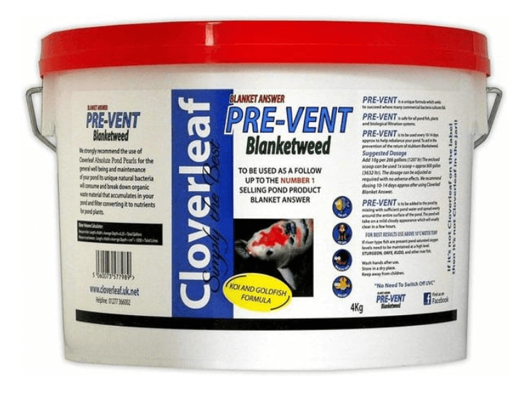 Cloverleaf Blanket Answer Pre-Vent 4kg bucket for blanketweed prevention in ornamental ponds.
