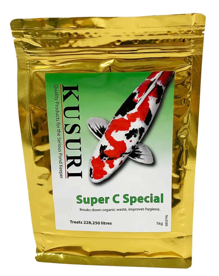 Kusuri Super C Special 1kg and 3kg pond treatment bag with koi illustration