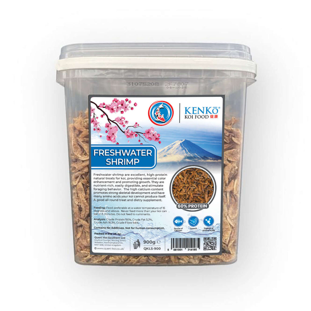 Kenko Freshwater Shrimp Koi Treats in a clear container showcasing premium natural fish food for koi.