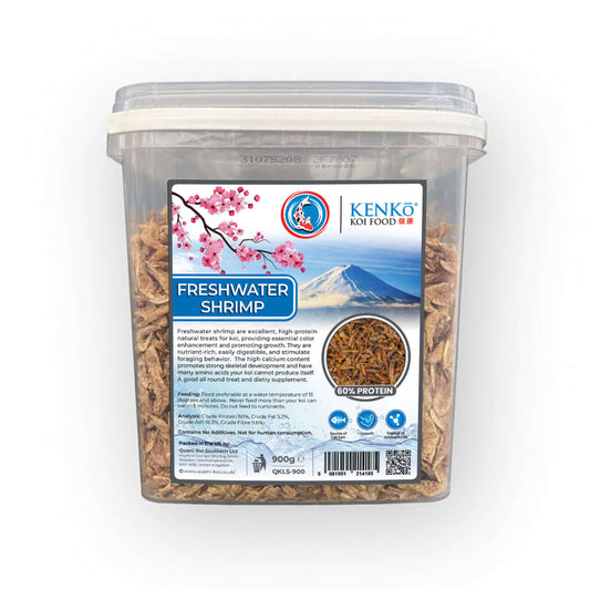 Kenko Freshwater Shrimp Koi Treats in a clear container showcasing premium natural fish food for koi.