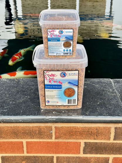 Kenko Freshwater Shrimp Koi Treats containers placed beside koi pond with vibrant fish swimming.