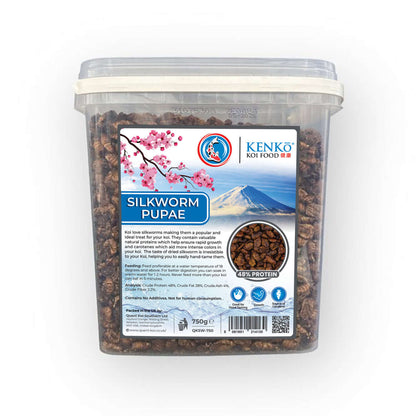 Kenko High Quality Dried Silkworm Pupae Koi Treats 750g container with nutrition details and cherry blossom design.