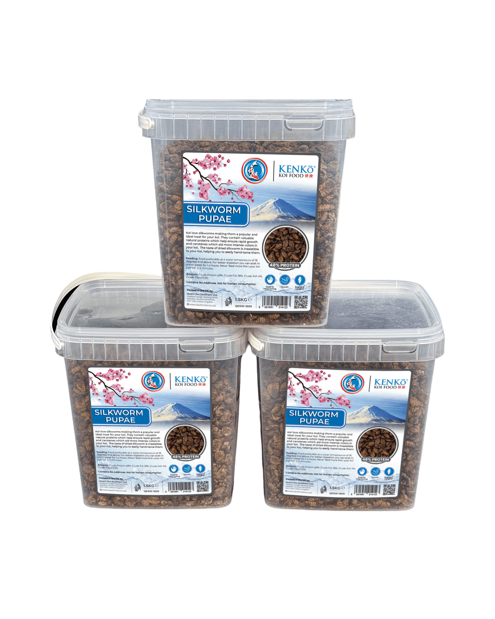 Kenko High Quality Dried Silkworm Pupae 750g and 1.5kg Koi treats in clear containers stacked together.
