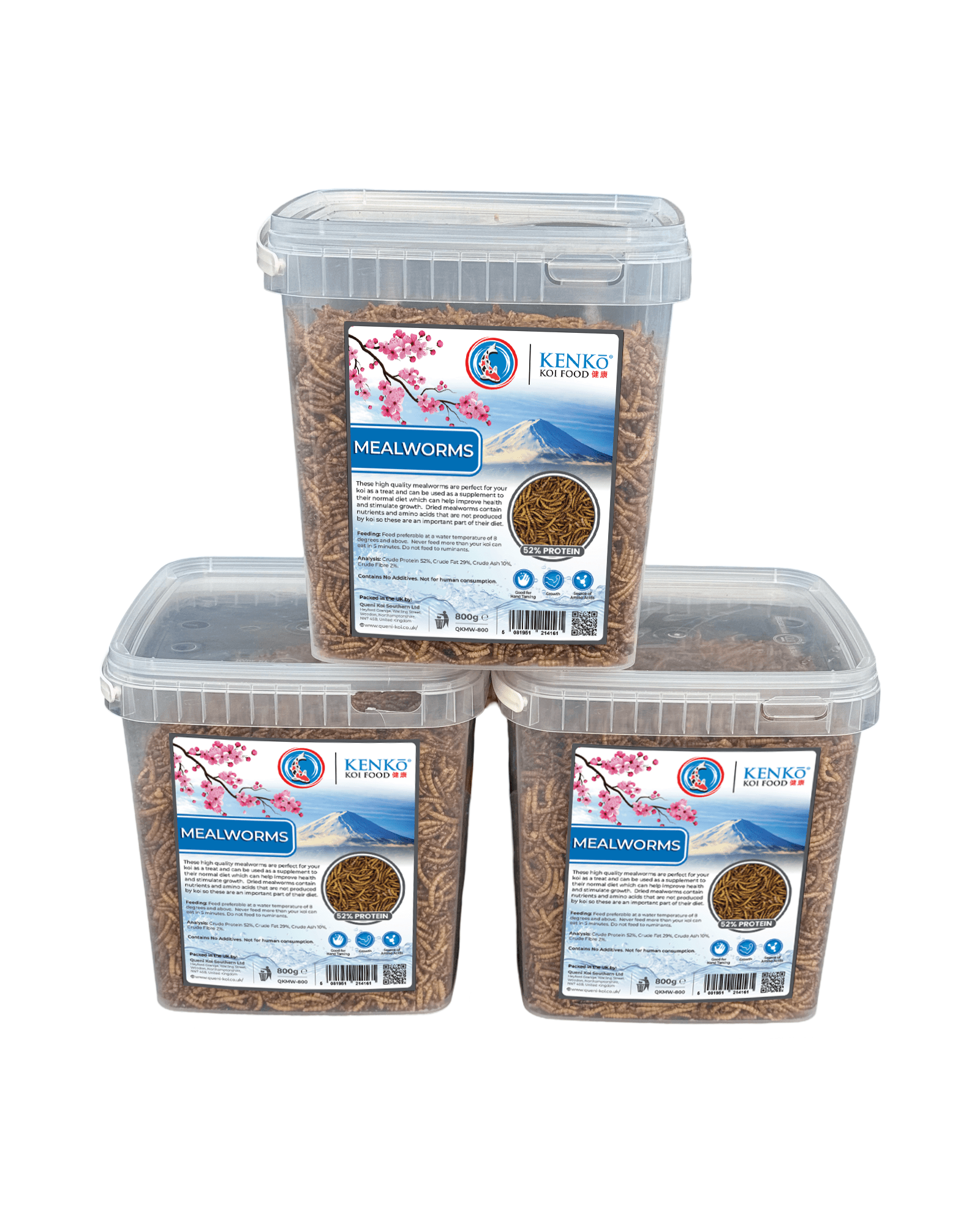 Kenko High Quality Dried Mealworms Koi Treats, high protein 400g and 800g tubs stacked together for koi fish.