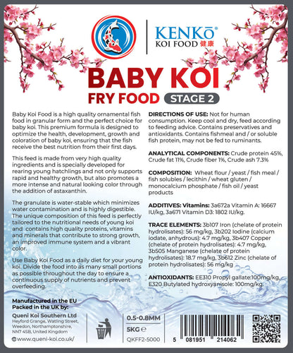 Kenko Baby Koi Fry Food Stage 2 package with details on ingredients and usage, 0.5-0.8mm size, 5KG.