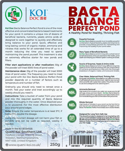 Koi Doc Bacta Balance Perfect Pond water treatment label, promoting healthier koi ponds with beneficial bacteria.