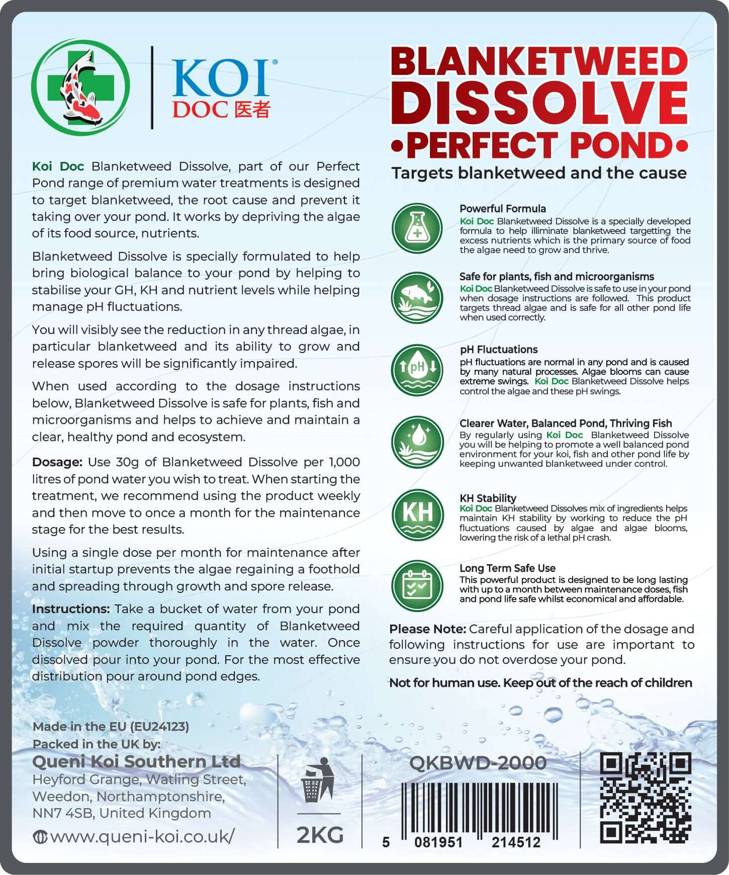 Koi Doc blanketweed pond treatment label detailing instructions and benefits for perfect pond water.