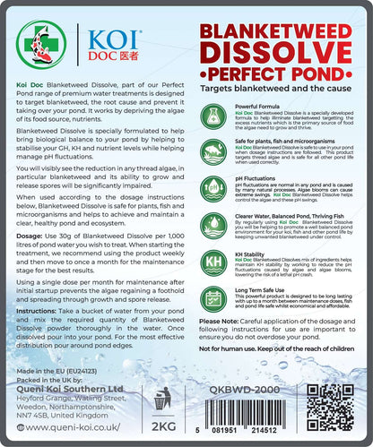 Koi Doc blanketweed pond treatment label detailing instructions and benefits for perfect pond water.