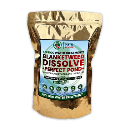 Koi Doc blanketweed pond treatment Dissolve Perfect Pond packaging for effective pond care and water treatment.
