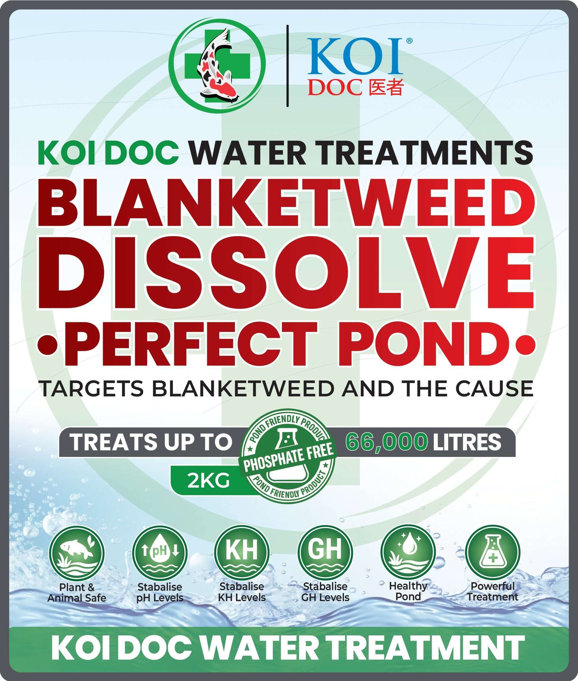 Koi Doc blanketweed pond treatment Dissolve Perfect Pond for clearing pond water and targeting blanketweed.