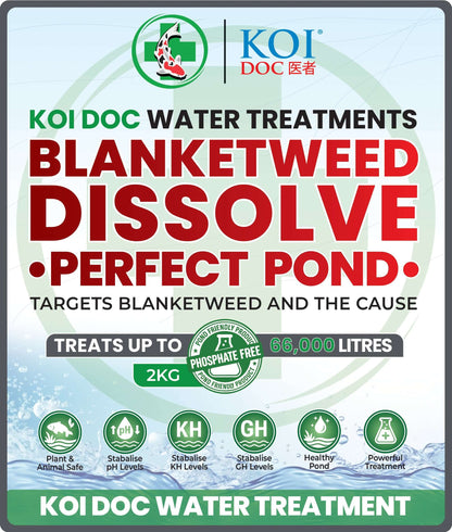 Koi Doc blanketweed pond treatment Dissolve Perfect Pond for clearing pond water and targeting blanketweed.