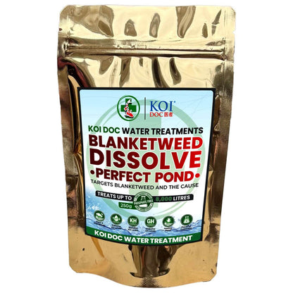 Koi Doc blanketweed pond treatment Dissolve Perfect Pond Water Treatment package for effective blanketweed removal.