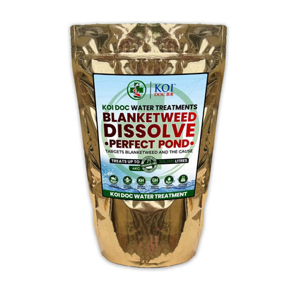 Koi Doc blanketweed pond treatment Dissolve Perfect Pond Water Treatment product packaging image.
