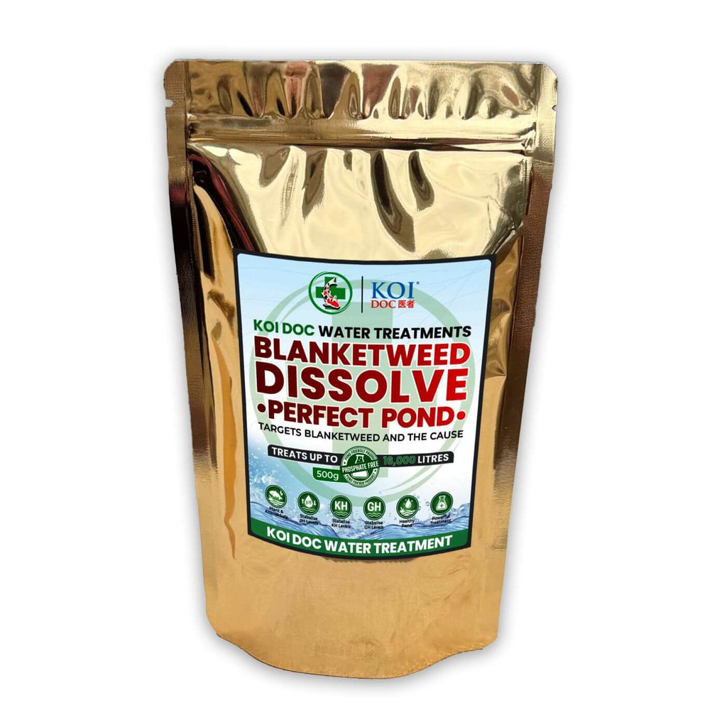 Koi Doc blanketweed pond treatment Dissolve Perfect Pond Water Treatment package, targeting blanketweed in ponds.