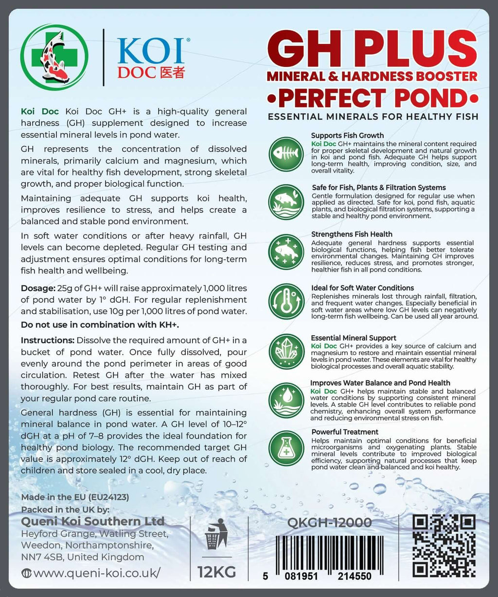 Koi Doc GH+ Mineral and Hardness Booster product label, essential minerals for healthy fish in koi ponds.