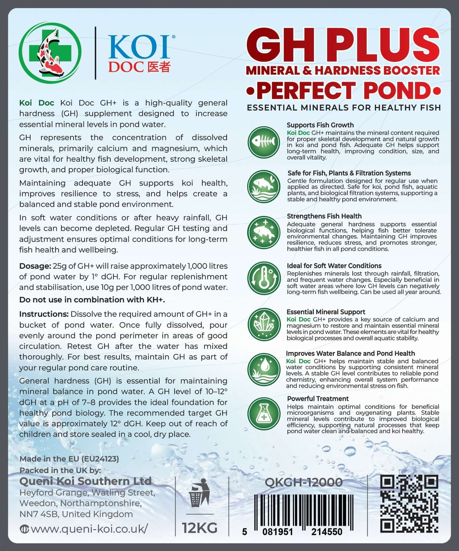 Koi Doc GH+ Mineral and Hardness Booster product label, essential minerals for healthy fish in koi ponds.