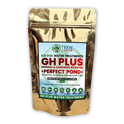 Koi Doc GH+ Mineral and Hardness Booster packaging for koi ponds, essential minerals for healthy fish, treats 30,000 litres.