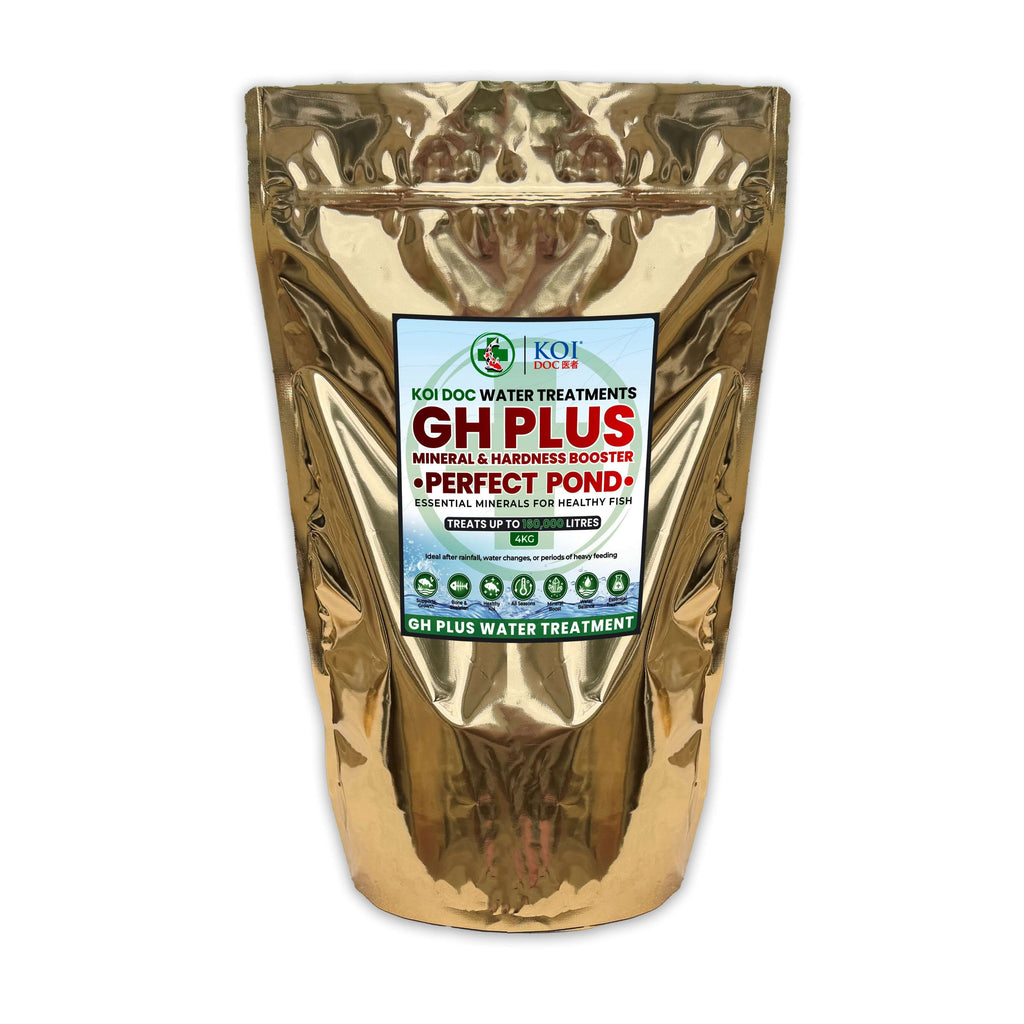 Koi Doc GH+ Mineral and Hardness Booster packaging for koi pond water treatment in gold bag.