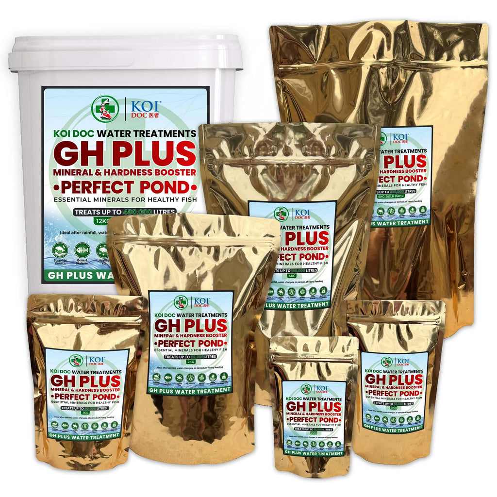 Koi Doc GH+ Mineral and Hardness Booster products in various sizes for perfect pond water treatment.