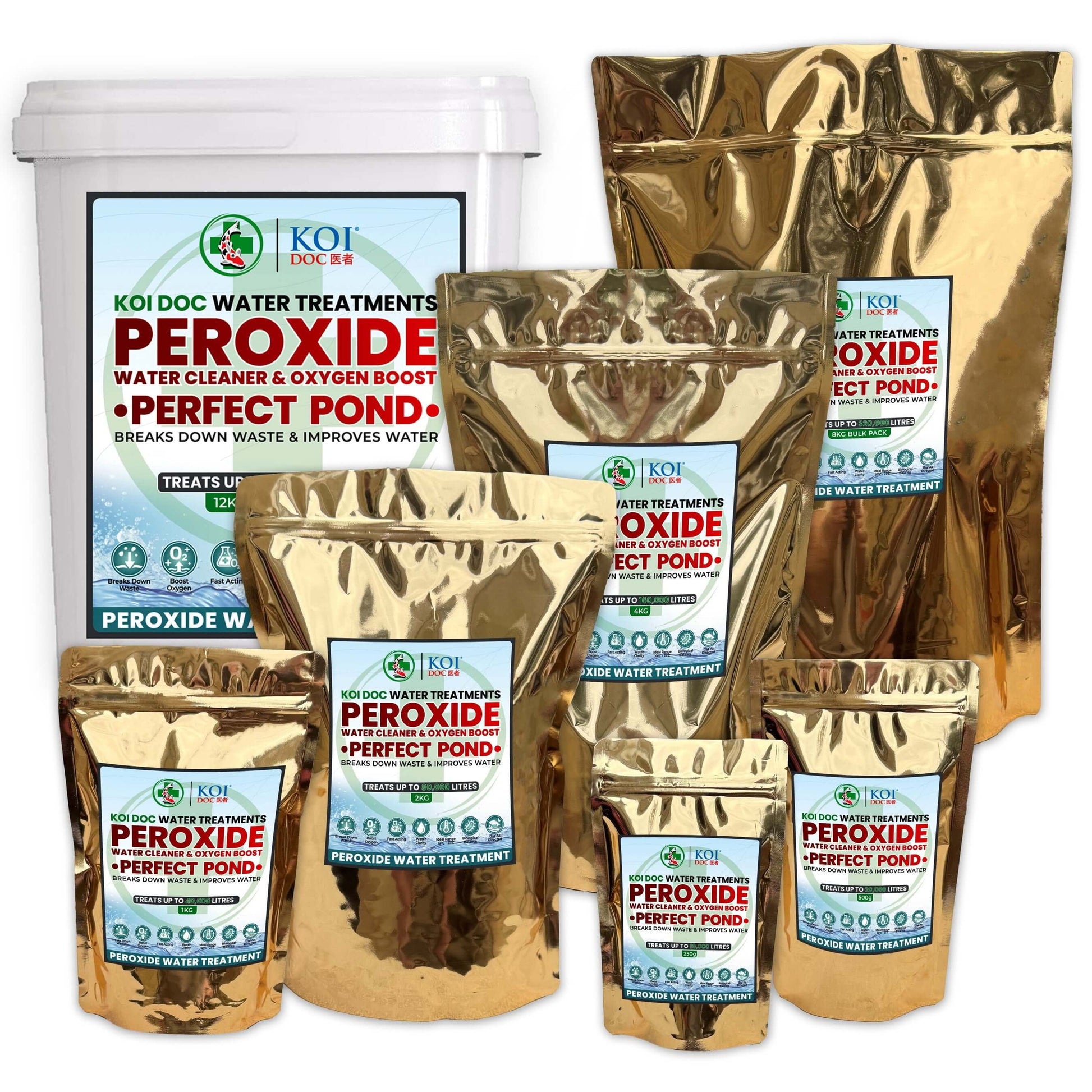 Koi Doc Peroxide Oxygen Booster and Pond Cleaner products in various sizes for effective pond treatment.