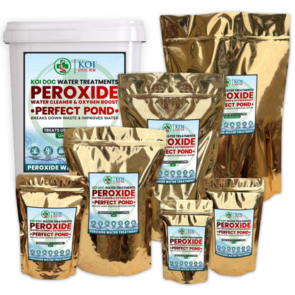 Koi Doc Peroxide Oxygen Booster and Pond Cleaner products in various sizes for effective pond treatment.