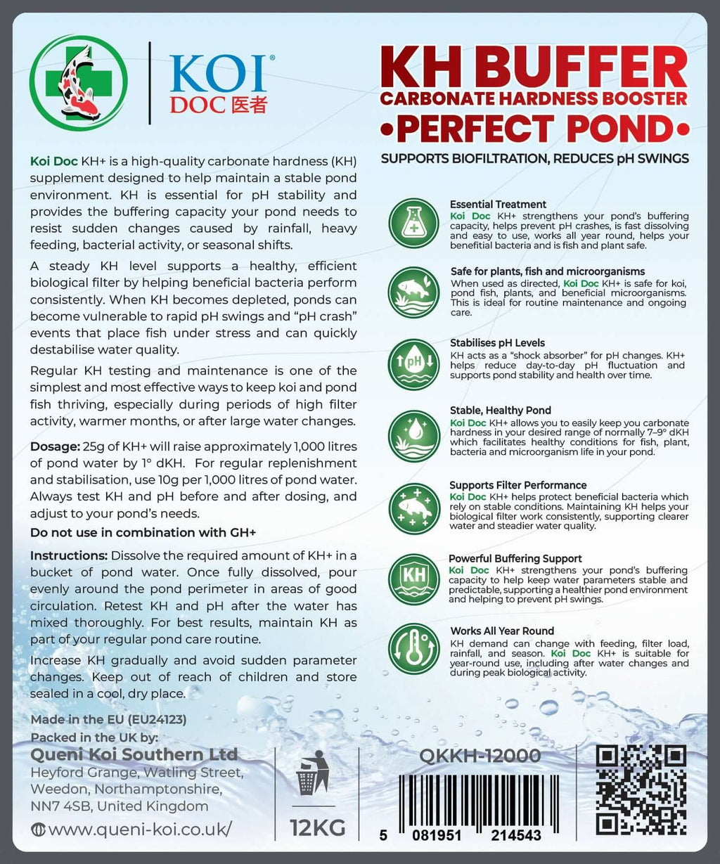 Koi Doc KH Buffer Carbonate Hardness Booster product label showing essential treatment details and usage instructions.