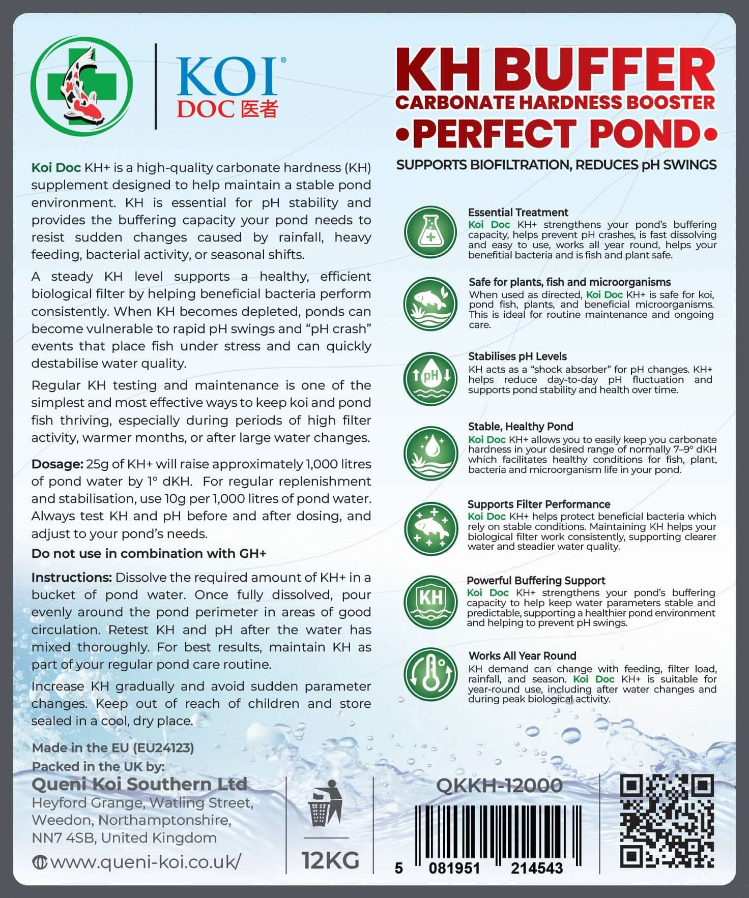 Koi Doc KH Buffer Carbonate Hardness Booster product label showing essential treatment details and usage instructions.