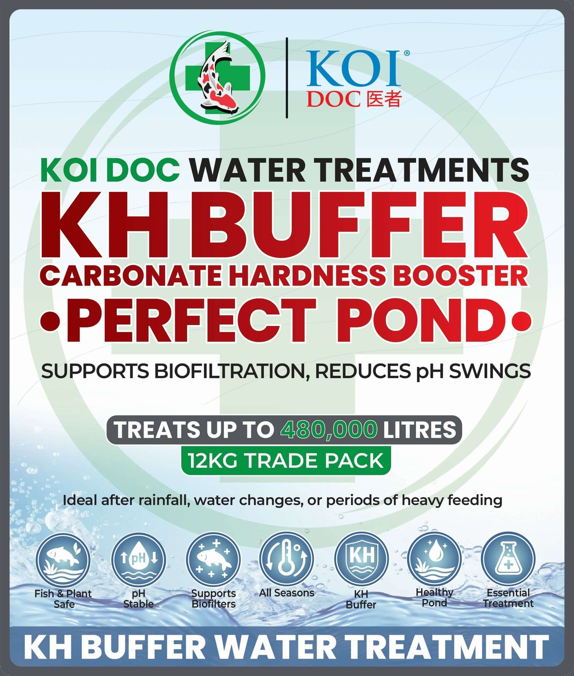 Koi Doc KH Buffer Carbonate Hardness Booster Perfect Pond image, supports biofiltration and reduces pH swings.