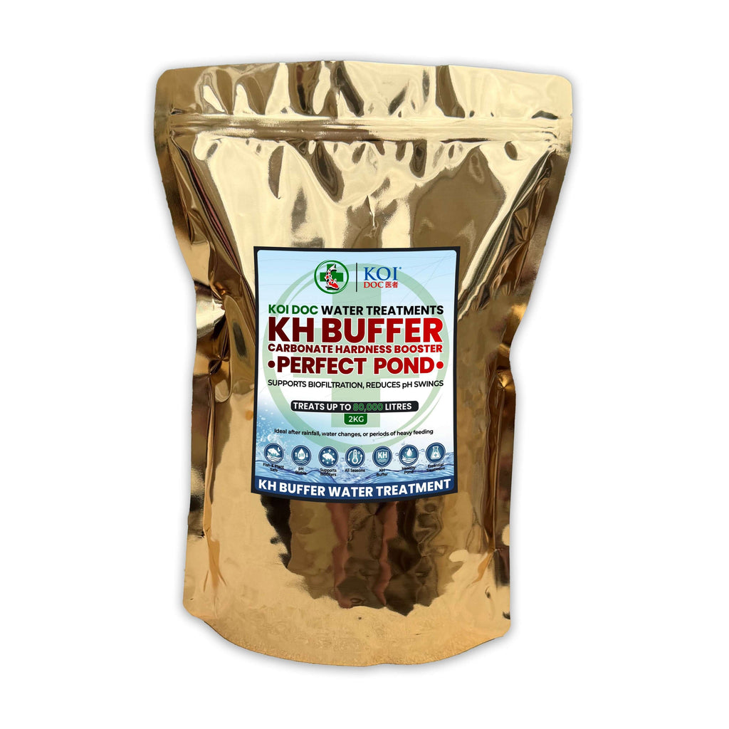 Koi Doc KH Buffer Carbonate Hardness Booster package, essential treatment for pond water quality.