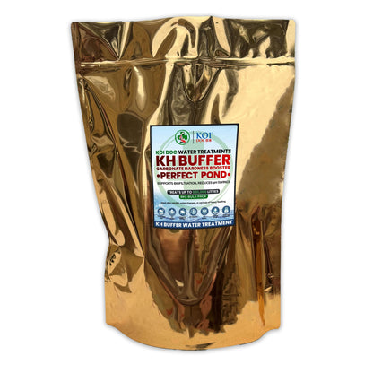 Koi Doc KH Buffer Carbonate Hardness Booster packaging for pond water treatment, reduces pH swings and enhances water quality.
