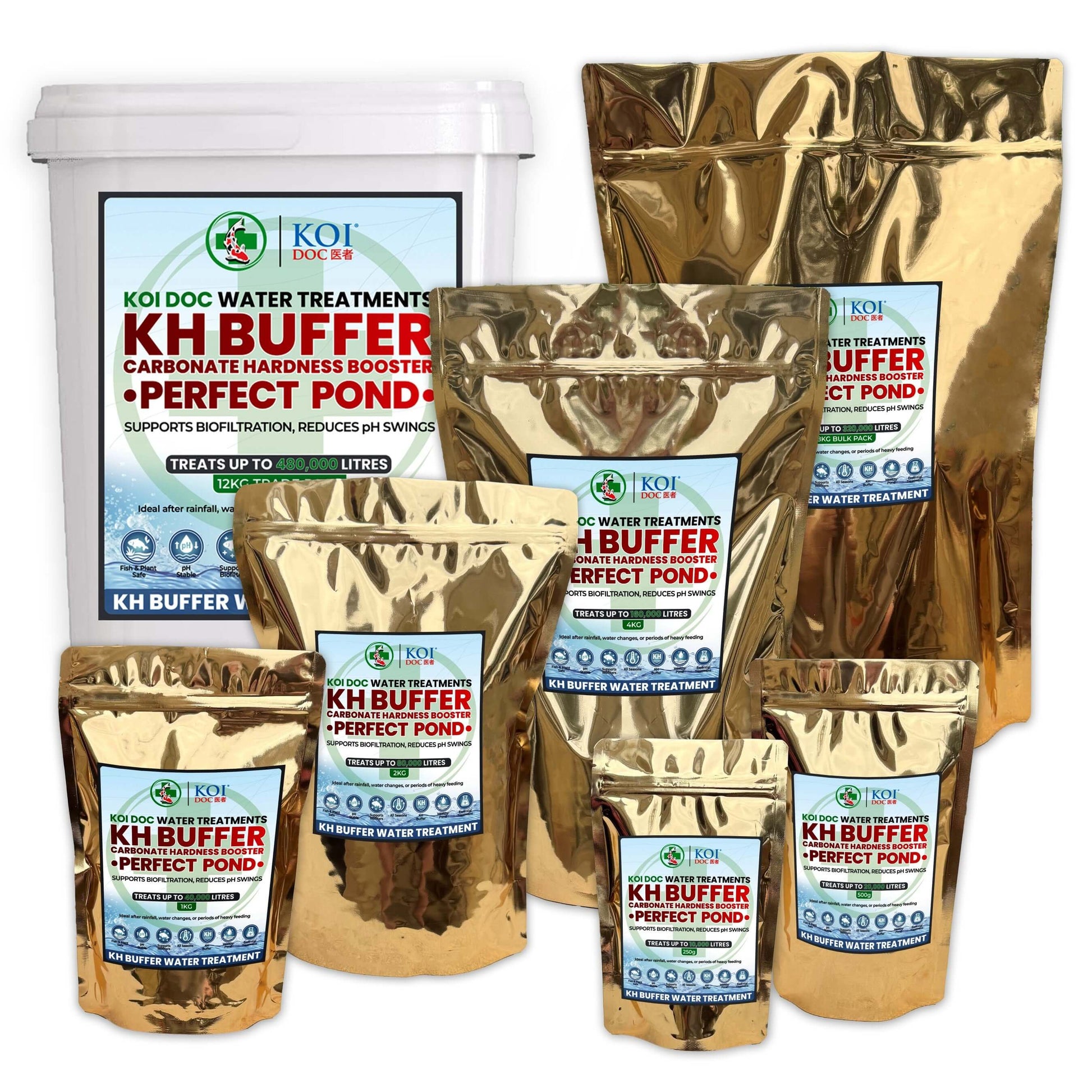 Koi Doc KH Buffer Carbonate Hardness Booster packaging for Perfect Pond water treatment, supportsKH+ and reduces pH swings.
