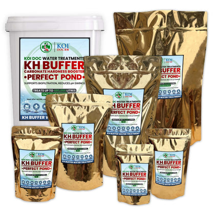 Koi Doc KH Buffer Carbonate Hardness Booster packaging for Perfect Pond water treatment, supportsKH+ and reduces pH swings.