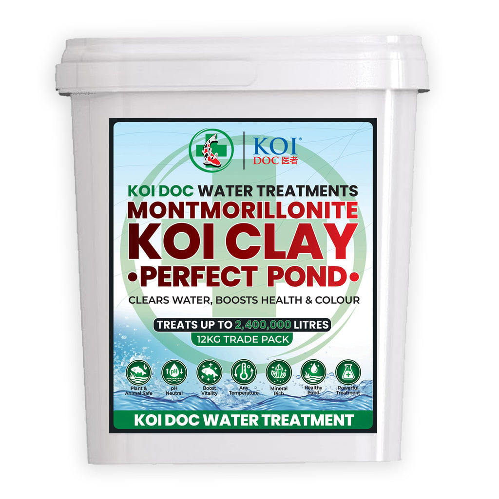 Koi Doc Koi Clay Water Treatment packaging for clear pond water and fish health.