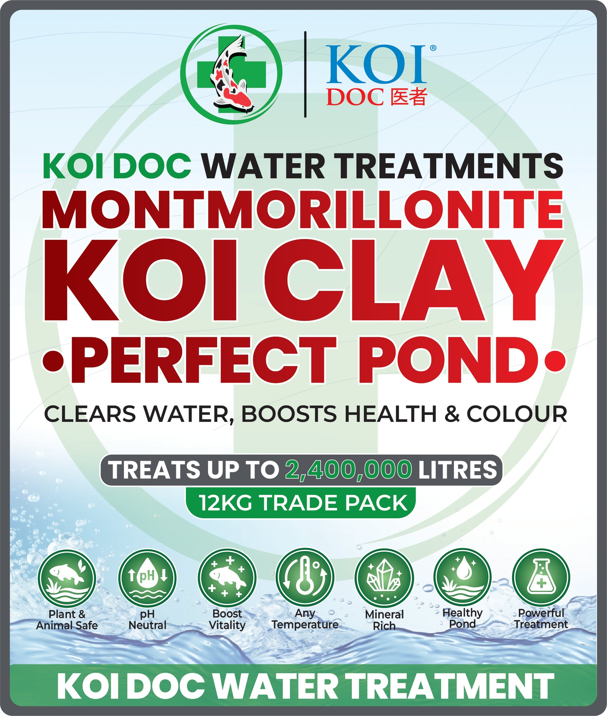 Koi Doc Koi Clay Water Treatment promotes clear pond water and enhances the health of koi and ornamental fish.