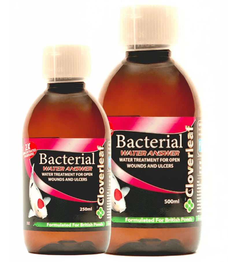 Cloverleaf Bacterial Water Answer pond treatment bottles for fish infections, 250ml and 500ml sizes.