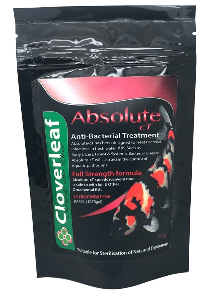Cloverleaf Chloromantine-T anti-bacterial pond treatment for fish, 55g pack against bacterial infections.