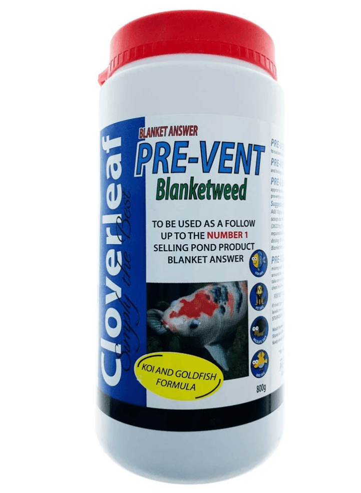 Cloverleaf Blanket Answer Pre-Vent for blanketweed prevention in ponds, available in 800g, 2kg, and 4kg packs.