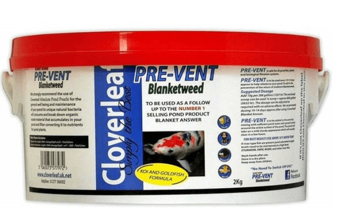 Cloverleaf Blanket Answer Pre-Vent 2kg container for blanketweed prevention in ornamental ponds.