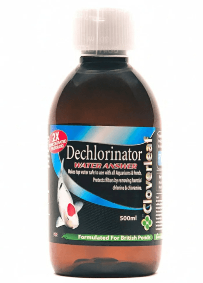 Cloverleaf Dechlorinator Water Answer 500ml bottle for safe pond water treatment, removes chlorine and chloramine.