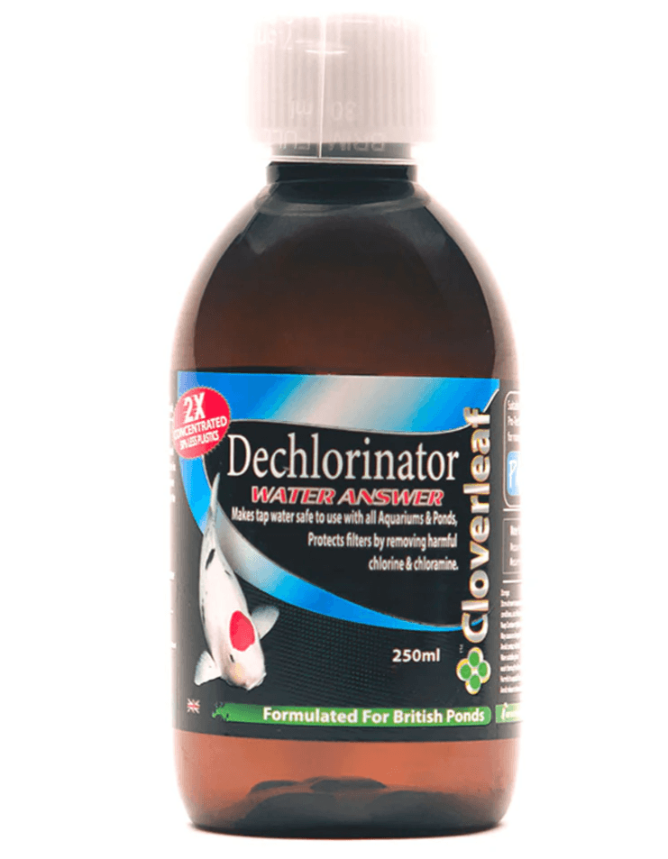 Cloverleaf Dechlorinator Water Answer bottle for instant protection of pond fish against chlorine and chloramine.